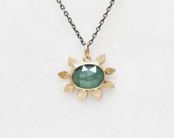Emerald Flower Necklace, Emerald Statement Necklace, Sterling Silver and Solid 14k Gold Bloom Charm, Botanical Jewelry, May Birthstone