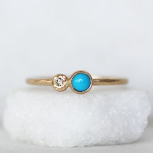 Skinny Diamond and Turquoise Wildflower Ring, Solid 14k Gold Stacking Ring, Thin 14k Gold Band, Dainty Diamond Ring, December Birthstone