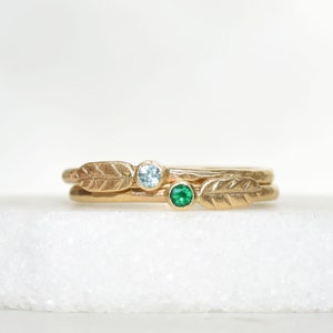 14k Gold Birthstone Leaf Stacking Ring, Diamond Or Gemstone, Handmade Birthstone Ring, Twig Ring, Branch Ring, Dainty Gold Ring, Bride