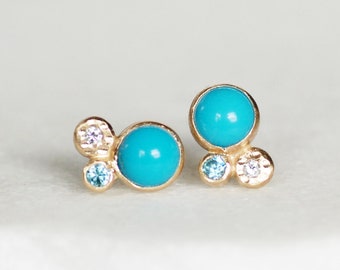 Turquoise Gemstone Cluster Earrings, SOLID 14k Gold Turquoise Zircon and Diamond Studs, December Birthstone, Multi Stone Earrings, High End