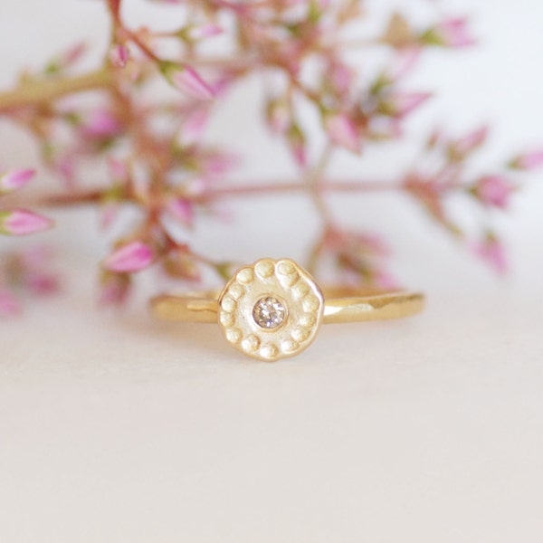 Diamond Wildflower Ring, Handmade Gold Stacking Ring