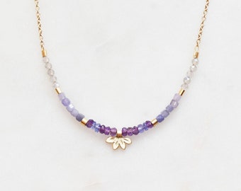 Gemstone Flower Garden Necklace in Solid 14k gold, Amethyst Tanzanite Labradorite Floral Necklace, High End Fine jewelry