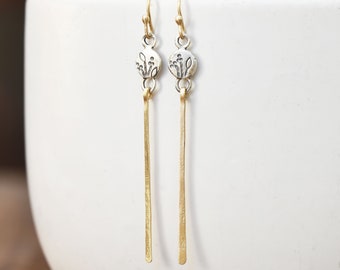 Gold and Sterling Silver thread Earrings, Long 14k Gold Succulent Earrings, Solid Recycled Gold, Botanical Jewelry, Long Skinny Earrings