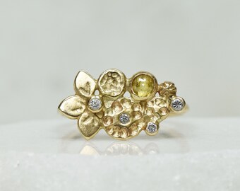 Rose Cut Diamond Bouquet Ring in SOLID Gold, Handmade Large Flower Cocktail Ring, Gold Floral Ring