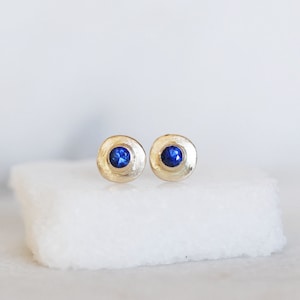 Sapphire Post Earrings - Gold and Sapphire Skipping Stone Earrings - Gold Stud Earrings