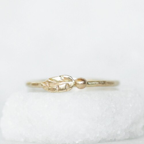 Gold Leaf Wedding Band 14k Gold Ring Leaf and Flower Bud Etsy