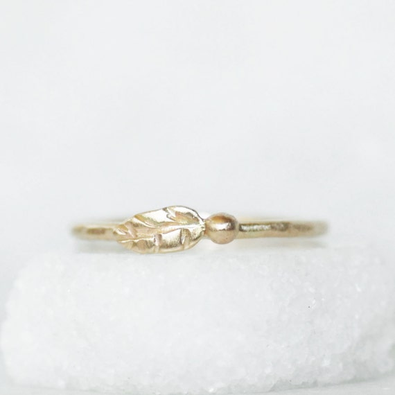 Handmade 14k Gold Leaf Ring, Nature Inspired Skinny Stacking Ring