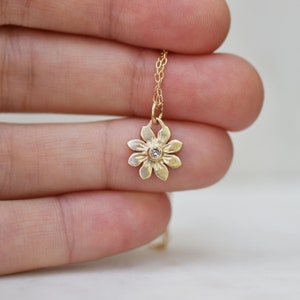 Gold Flower Necklace, Diamond Flower Charm Necklace, Solid 14k Gold Necklace, Gifts for Her, Gifts for Mom, Nature Jewelry, Bridal Necklace image 4