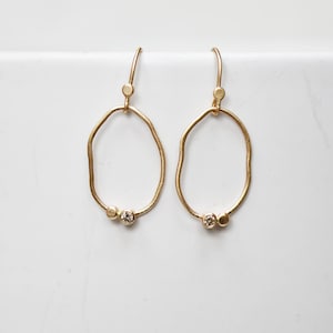 Brown Diamond Gold Hoop Earrings, Solid Recycled 14k Dangle Earrings, Diamond Circle Earrings ,Organic Shape