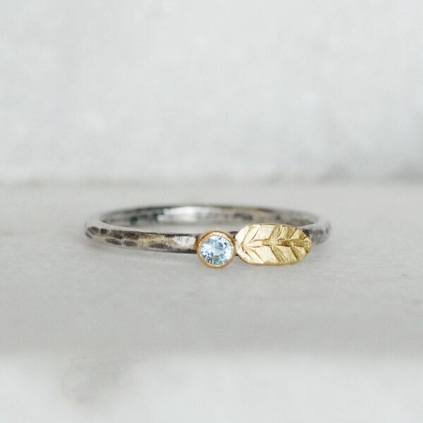 Aquamarine Leaf Ring - 18k Gold and Sterling Stacking Ring - SIZE 7