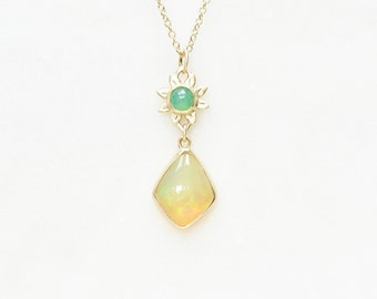 Opal and Chrysoprase Flower Necklace, SOLID 14k Gold Charm Necklace, Opal Floral Pendant, Large Opal, Eco Gold Bridal, Luxury Fine Jewelry