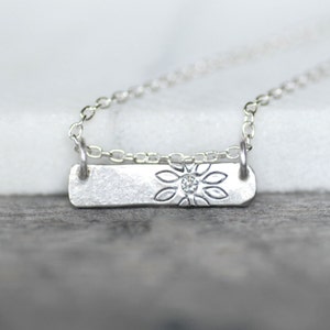 Sterling Silver Bar Necklace, Diamond Floating Bar Pendant, Straight Bar Necklace, Diamond Daisy Necklace, Flower, Simple Modern Layering