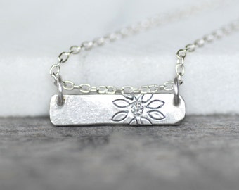 Sterling Silver Bar Necklace, Diamond Floating Bar Pendant, Straight Bar Necklace, Diamond Daisy Necklace, Flower, Simple Modern Layering