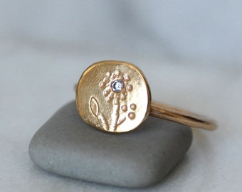 Diamond Flower Disc Ring in SOLID 14k Yellow Gold, Floral Patterned Coin Ring, Handmade Artisan Ring, Etched Gold Ring