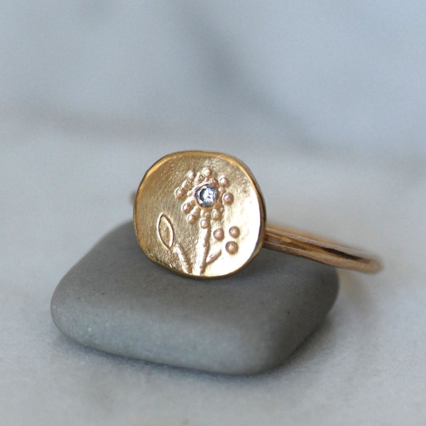 Solid 14k Gold Diamond Flower Signet Ring, Artisan Botanical Coin Ring