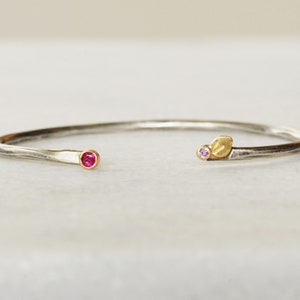 Ruby Sapphire Petal Cuff - Open Cuff - Sterling and 18k Gold Skinny Leaf Cuff