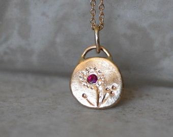 Solid Gold Coin Necklace, Ruby Flower Necklace, Gold Floral Disc Necklace, July Birthstone Charm, Gifts for Her, Gifts for Mom, Layering