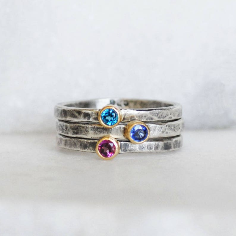 Minimalist Birthstone Stacking Ring in Solid 18k Gold and Sterling silver, Personalized Birthstone Ring image 2