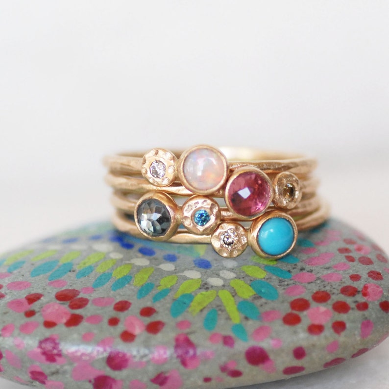 Opal and Diamond Stacking Ring Skinny 1.3mm 14k Gold Opal Diamond Stack Ring Tiny Flower Ring