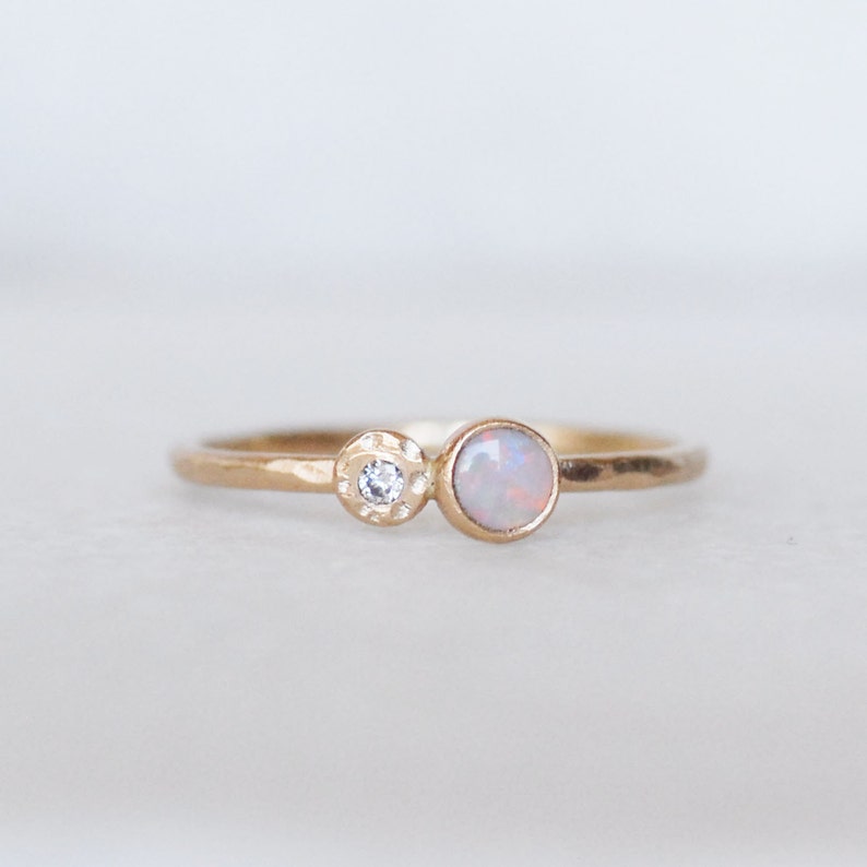 Opal and Diamond Stacking Ring Skinny 1.3mm 14k Gold Opal Diamond Stack Ring Tiny Flower Ring