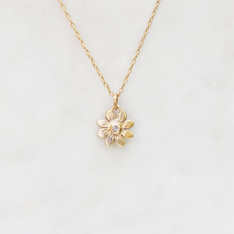 Gold Flower Necklace, Diamond Flower Charm Necklace, Solid 14k Gold Necklace, Gifts for Her, Gifts for Mom, Nature Jewelry, Bridal Necklace image 2