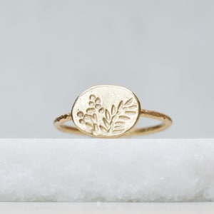 14k Gold Floral Signet Ring: Botanical Coin, Handmade Jewelry