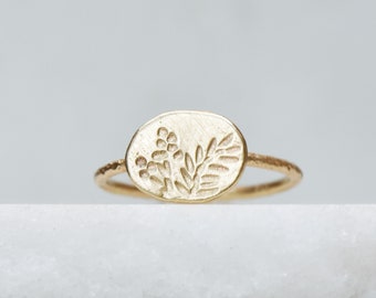 Gold Siegelring, Floral Münze Ring, massiv 14k Gold Disc Ring, Botanische Siegelring, Gold Farn Ring, Hochzeitsschmuck, Geschenke für sie, Natur