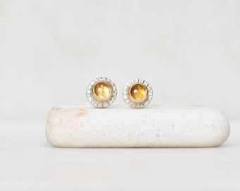 Handmade Rose Cut Citrine Sunburst Post Earrings, Solid 14k Gold and Sterling Studs, Small Citrine Studs, Minimalist Posts, November