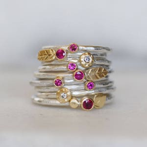 Ruby and Diamond Wildflower Stacking Ring Set, Set of Four SOLID 18k Gold and Silver Leaf Rings, Set of Birthstone image 5