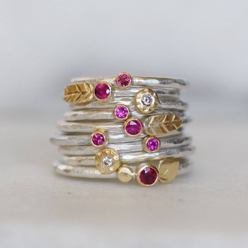 Ruby and Diamond Leaf Stacking Rings Set Set of 4 18k Gold | Etsy