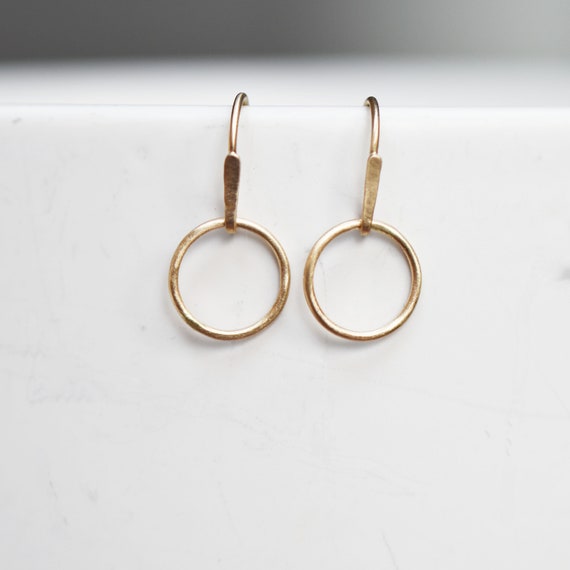 Dainty 14k Gold Hoop Dangle Earrings: Minimalist Circle Design, Small Solid Gold Dangle Earrings