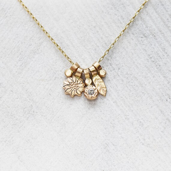 Diamond Flower Charm Necklace Solid 14k 