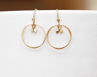 Small Seedling Hoop Dangle Earrings, SOLID Gold Circle Drop Earrings, Lightweight Earrings, Handmade Gold Hoops, Gifts for Her