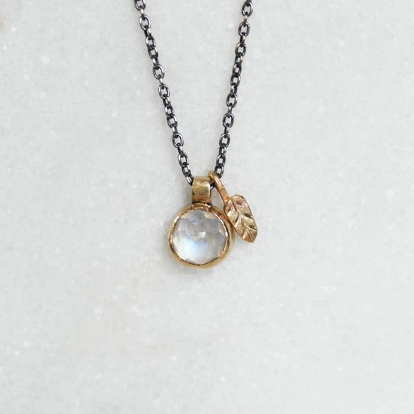 Gemstone Leaf Charm Necklace, 14k Gold & Sterling Silver Nature Necklace, Gifts for Her