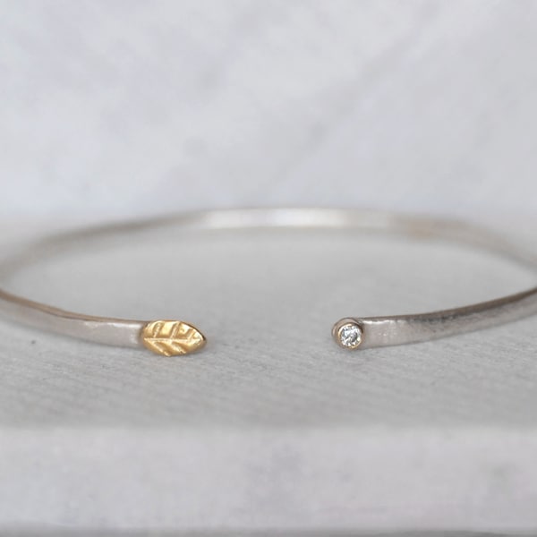 Diamond Leaf Cuff, Solid 18k Gold & Sterling Silver Stacking Bangle, Skinny Open Stackable Cuff Bracelet