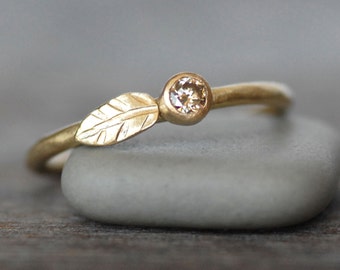 Diamond Leaf Wedding Ring, 14k Gold Stacking Ring, Leaf and Flower Bud Engagement, Unique Wedding Ring, Skinny Stack Ring, Brown Diamond