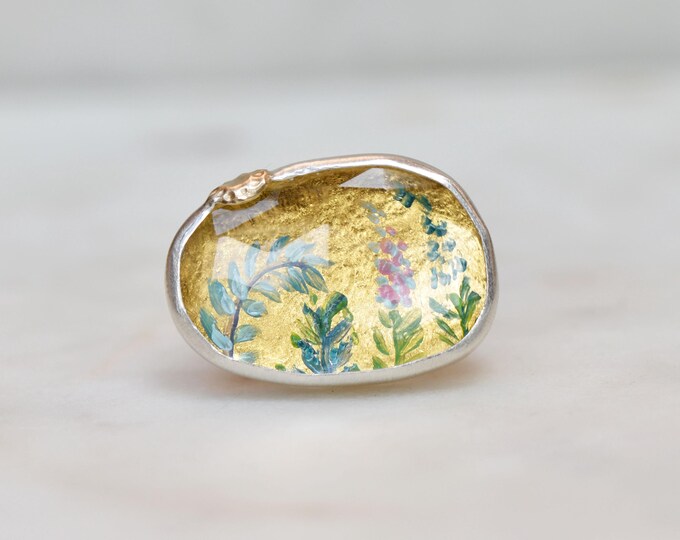 Hand Painted Floral Ring on Genuine 14k Gold Under Quartz With 14k Gold ...
