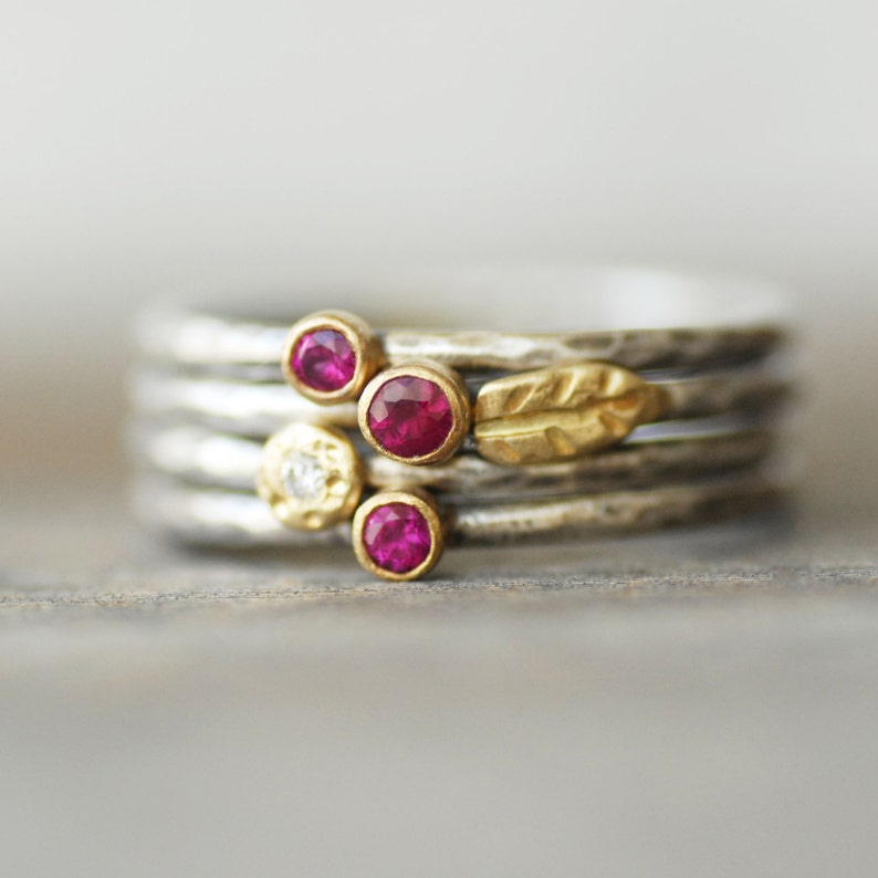 Ruby and Diamond Wildflower Stacking Ring Set, Set of Four SOLID 18k Gold and Silver Leaf Rings, Set of Birthstone image 3