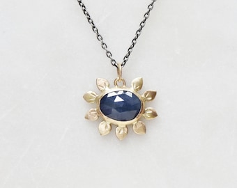 Denim Blue Sapphire Flower Necklace, Sterling Silver and Solid 14k Gold Blue Sapphire Flower Necklace, Large Floral Charm, Blue and Gold