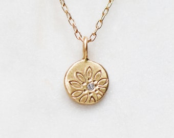 Solid Gold Diamond Daisy Necklace, Wildflower Coin Pendant, Small Daisy Pebble Necklace, Gifts for Her, April Birthstone, Nature Jewelry