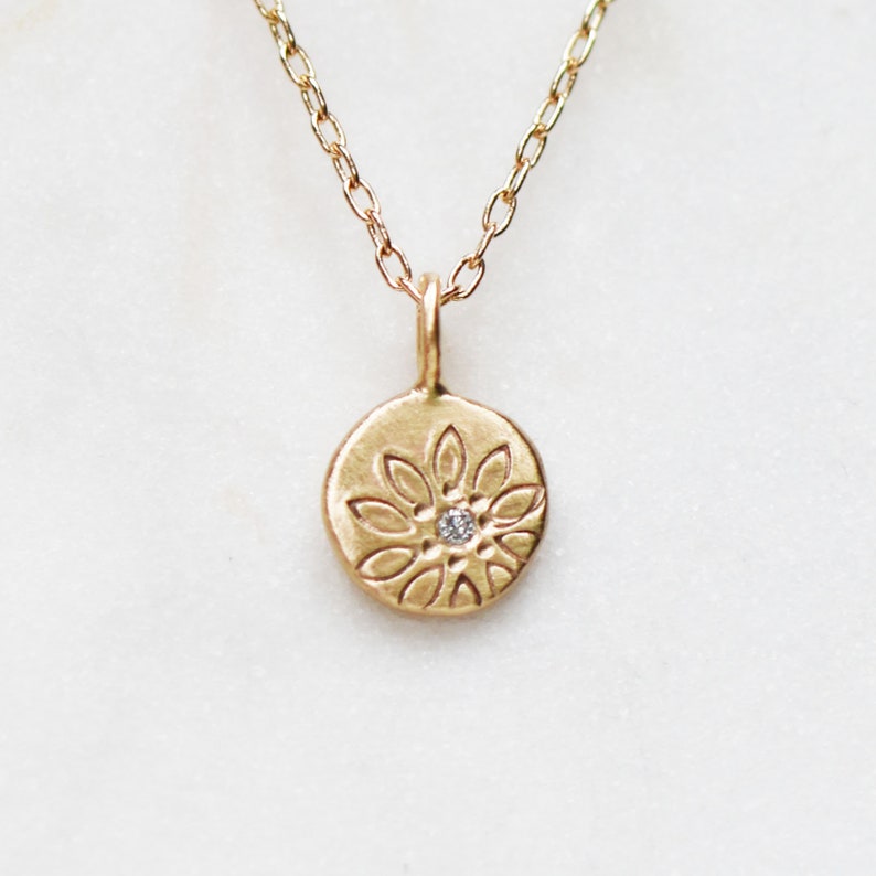 Solid Gold Diamond Daisy Necklace, Wildflower Coin Pendant, Small Daisy Pebble Necklace, Gifts for Her, April Birthstone, Nature Jewelry image 1