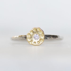 Diamond Wildflower Stacking Ring, SOLID 18k Gold and Silver Flower Ring, Handmade Gold Diamond Disc Ring, Personalized Floral Stacking Ring