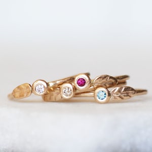 Diamond or Ruby Leaf Ring, Customizable Solid 14k Gold Stacking Ring, Floral Stack Ring, Gold Leaf Ring, Bridesmaid Gift, Mothers Day