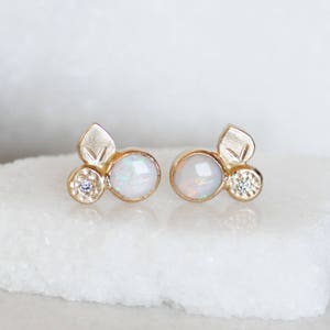 Opal and Diamond Bloom Earrings - 14k Gold Opal Post Earrings