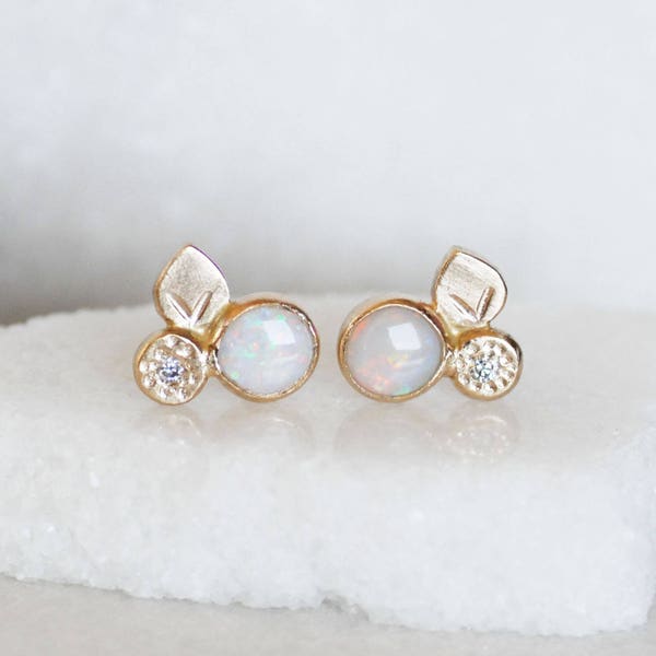 Opal and Diamond Bloom Earrings - 14k Gold Opal Post Earrings