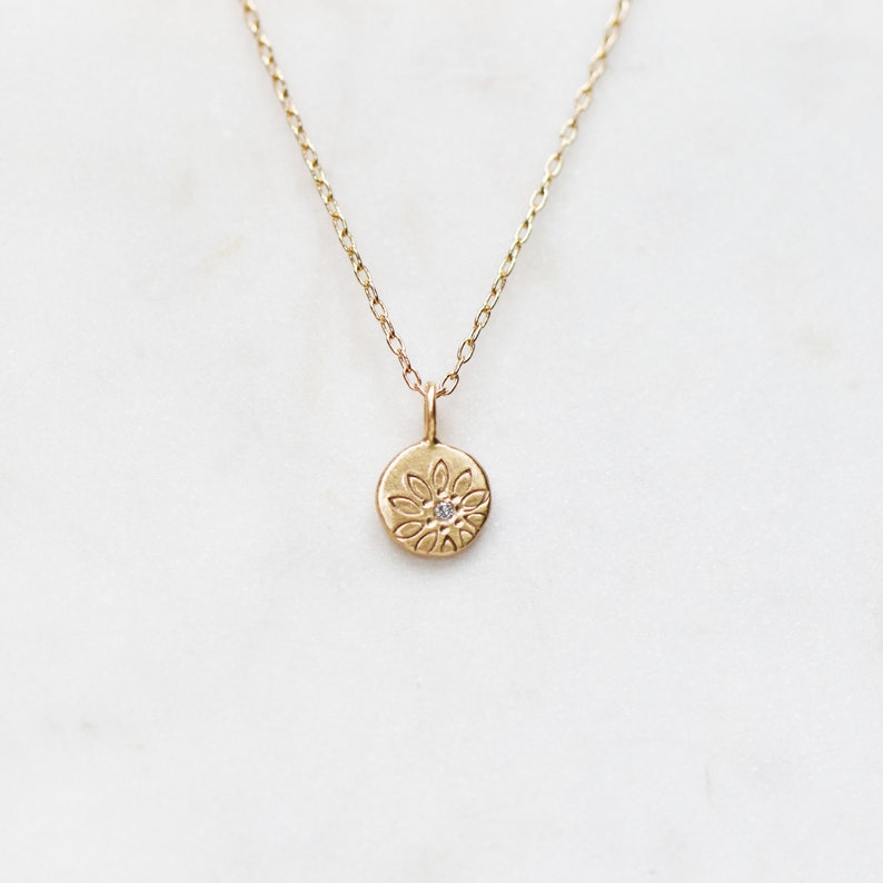 Solid Gold Diamond Daisy Necklace, Wildflower Coin Pendant, Small Daisy Pebble Necklace, Gifts for Her, April Birthstone, Nature Jewelry image 2