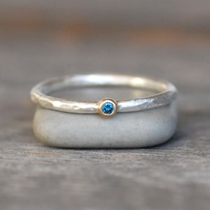 Tiny Blue Diamond Ring, Solid 18k Gold and Silver Stack Ring, Minimalist Solitaire Ring, April Birthstone, Dainty Diamond Stack Ring