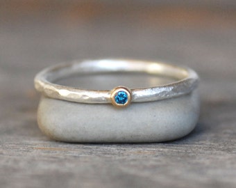 Tiny Blue Diamond Ring, Solid 18k Gold and Silver Stack Ring, Minimalist Solitaire Ring, April Birthstone, Dainty Diamond Stack Ring