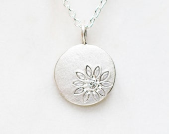 Silver Disc Necklace, Dainty Disc Necklace, Sterling Silver Diamond Daisy Pendant, April Birth Necklace, Floral Signet Necklace, Layering