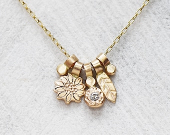 Diamond Flower Charm Necklace, Solid 14k Gold Multi Charm Necklace,  Floral Charm Necklace, Handmade Gold Charm Necklace, Eco Gold, Wedding